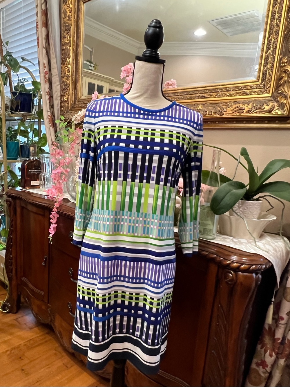 Eliza J Blue, Green & White Patterned Long Sleeve Dress